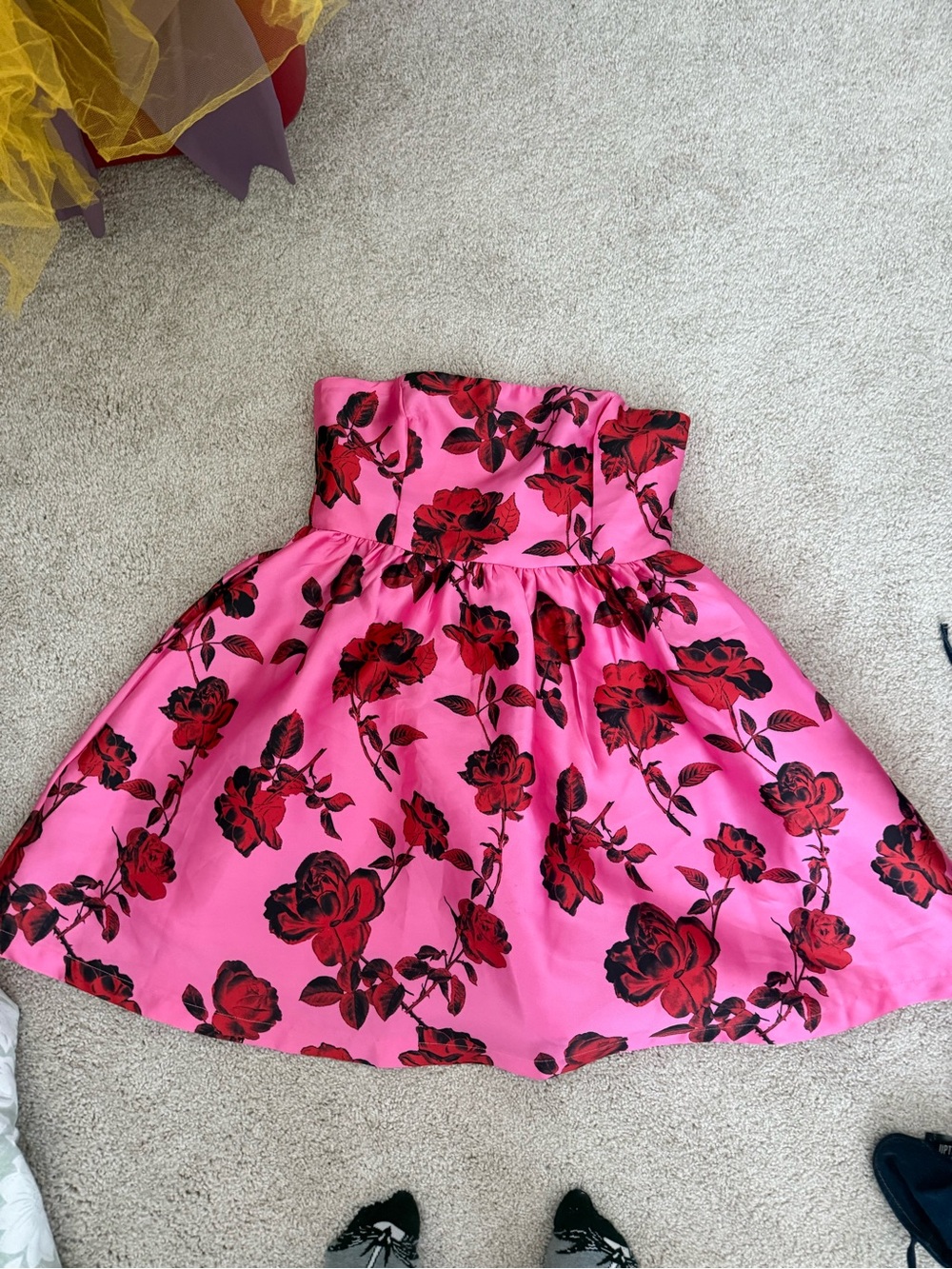 Vici Hot Pink Strapless Skater Skirt with Red Rose Print
